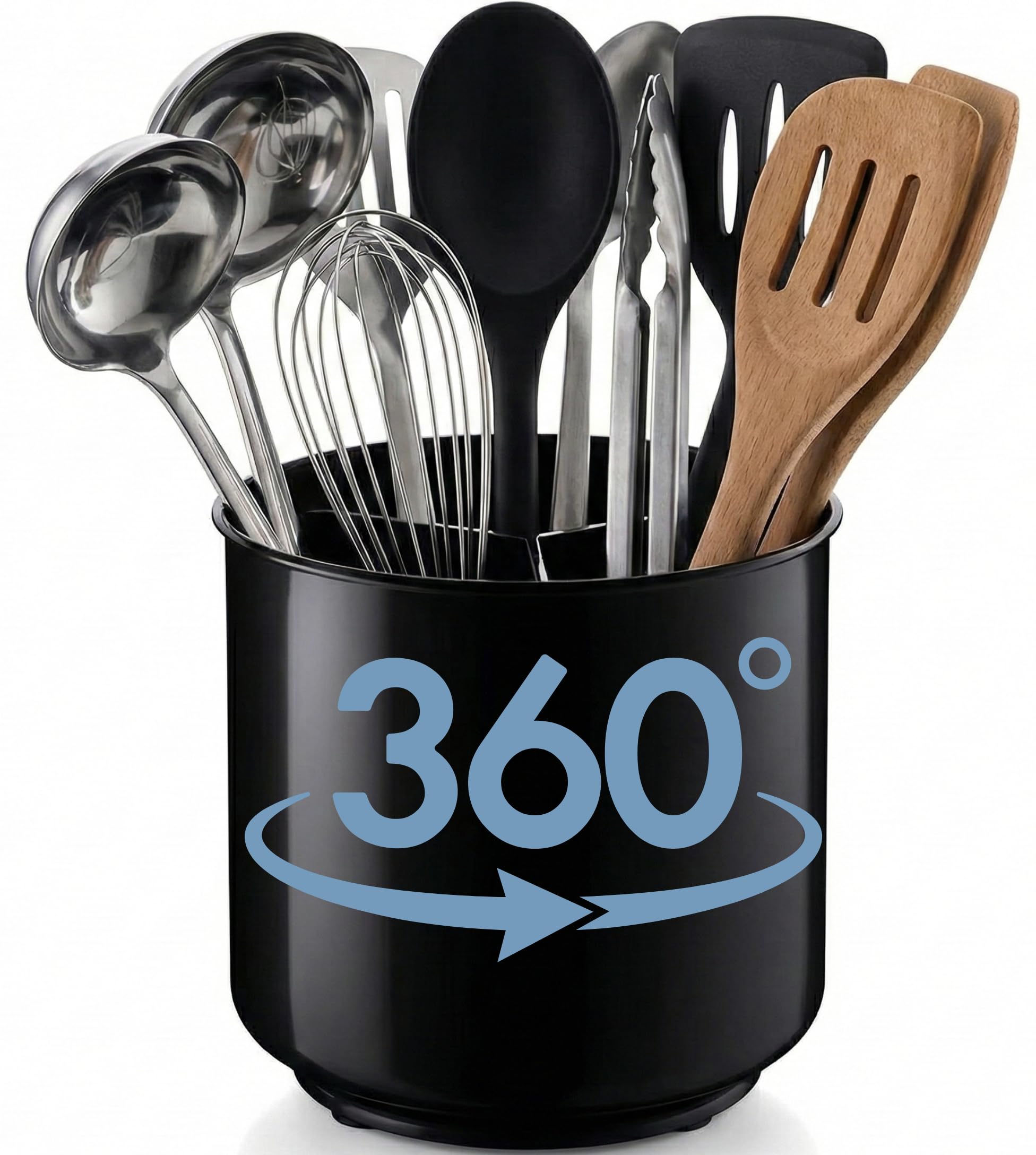 Cooler Kitchen Extra Large and Sturdy Rotating Black Utensil Holder Caddy with No-Tip Weighted Base, and Gripped Insert | Rust Proof and Dishwasher Safe Utensils Holder and Cutlery Holder