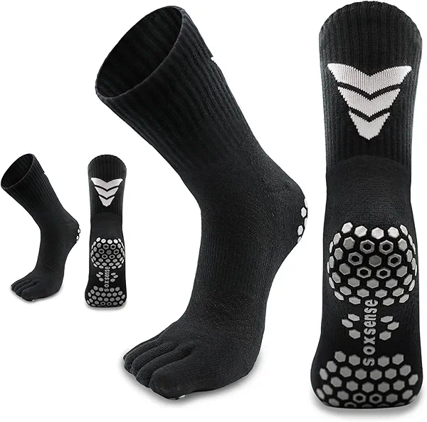 Soxsense Multi-Pack Sports Grip Toe Socks with Cushion, Non-Slip Finger Socks for Pilates, Home Gym, Soccer, basketball (US, Alpha, Large, Regular, Regular, Black_Crew_2Pairs)