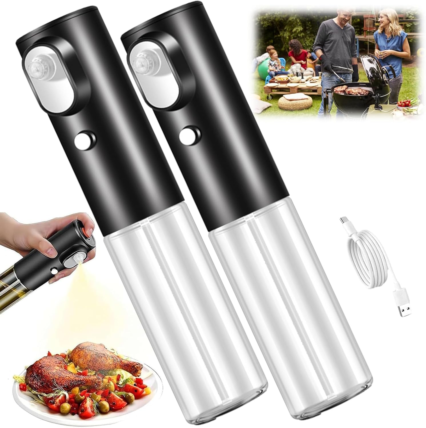 Biem Butter Sprayer, Biem Butter Sprayer for Baking & Grilling, 200ml/7oz Electric Butter Sprayers, Reusable Electric Oil Dispenser Bottle with Adjustable Mist, Popcorn Butter Dispenser (2pcs)