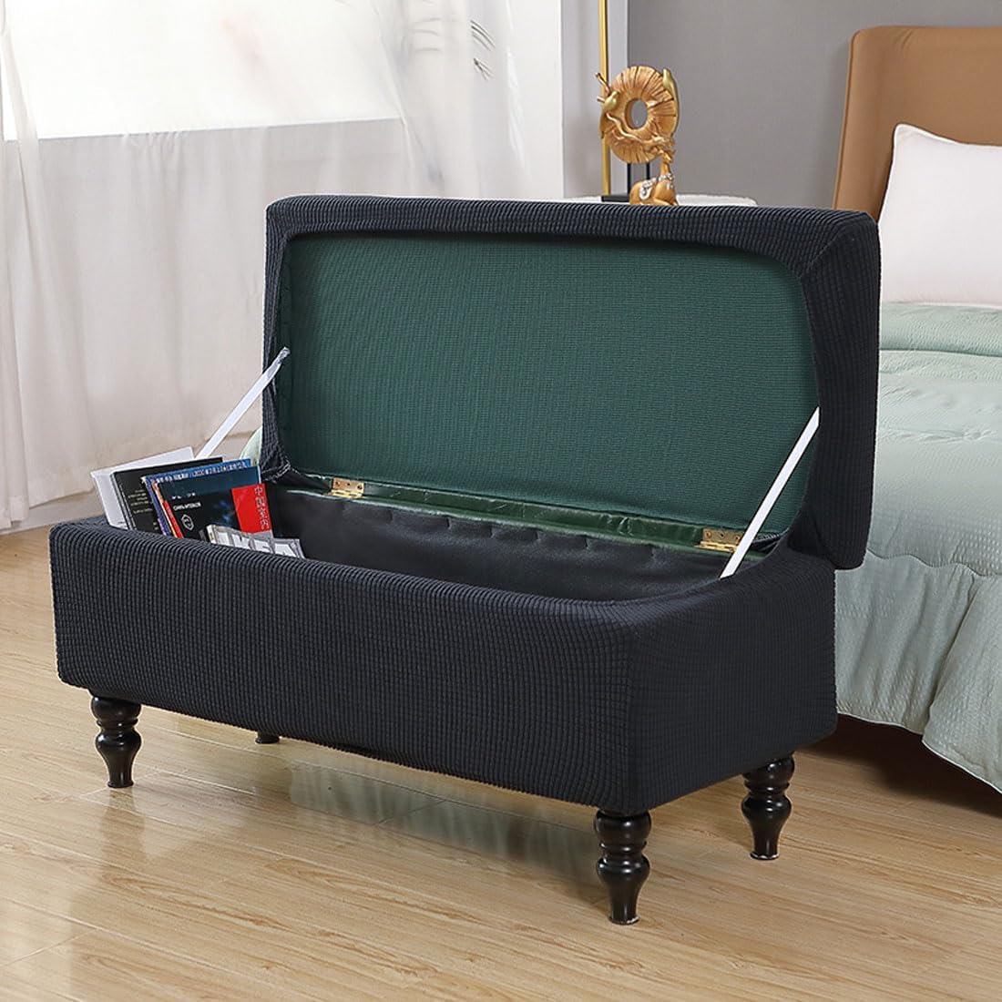 Ottoman Cover Rectangle, Stretch Jacquard Storage Ottoman Bench Cover with Elastic Bands - Folding Large Black