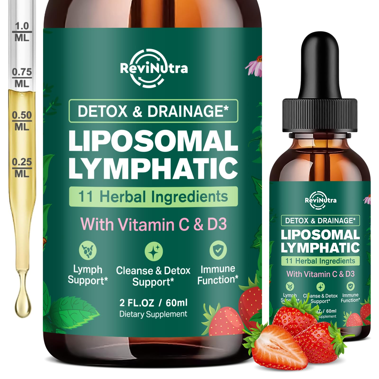 Liposomal Lymphatic Drainage Liquid Drops - Lymphatic Support Supplement with Dandelion Root, Cleavers, Echinacea, Calendula for Immune, Detox Cleanse, Lymph System Support, Strawberry Flavor, 2 Fl Oz Strawberry 2 Fl Oz (Pack of 1)