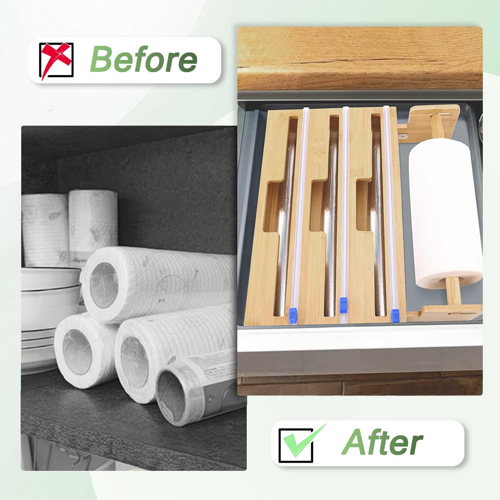 Dispensador de envolturas 4 en 1 con cortador deslizante: envoltura de plástico, papel de aluminio, papel encerado, rollo de toalla, contenedor de soportes para bolsas en rollo para cajones de cocina,