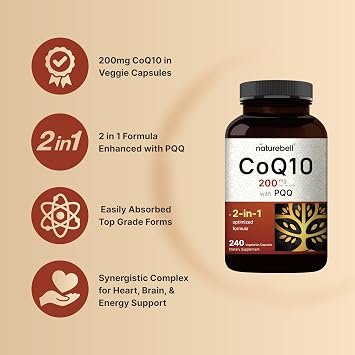 NatureBell CoQ10 200mg with PQQ, 240 Veggie Capsules | Stable High Absorption Form Antioxidant Support for Heart, Energy Health Extra Strength Coenzyme Q10 Supplement