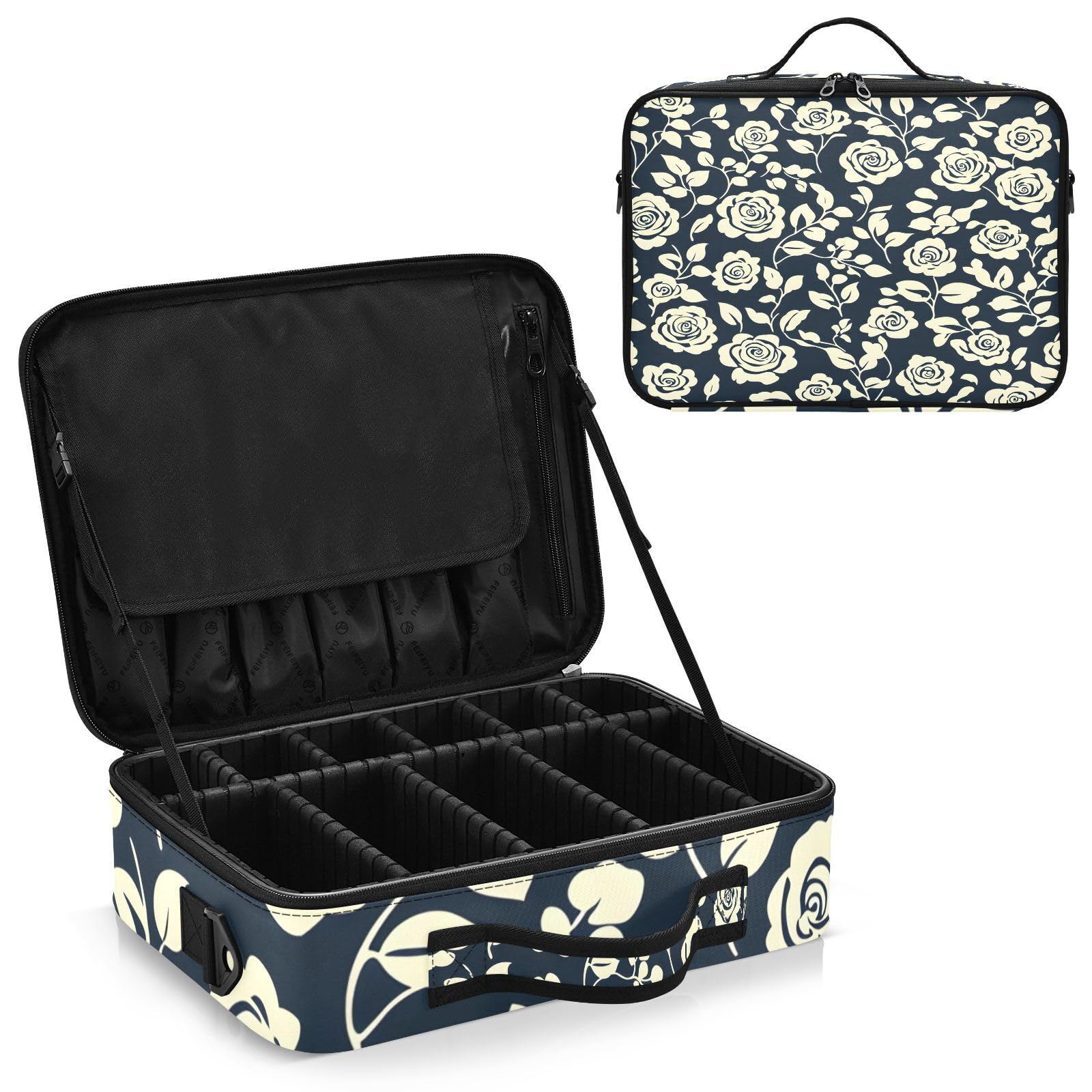 zyrtty Travel Makeup Train Case Flower White Black Pattern Cosmetic Organizer Portable Storage Bag with Adjustable Dividers for Cosmetics Brushes Toiletry Jewelry Digital Accessories