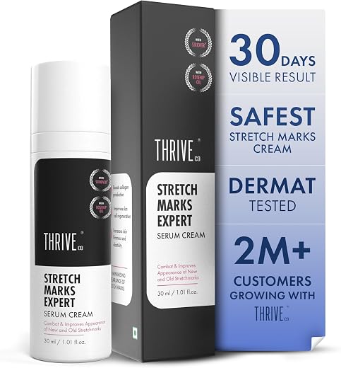 ThriveCo Stretch Marks Expert Serum Cream | Clinically Proven Treatment for New (red) & Old (white) Stretch Marks & Scars Removal | Infused with Collarev®, Striover™, Rosehip Oil & Squalane | For Women & Men | 30ml
