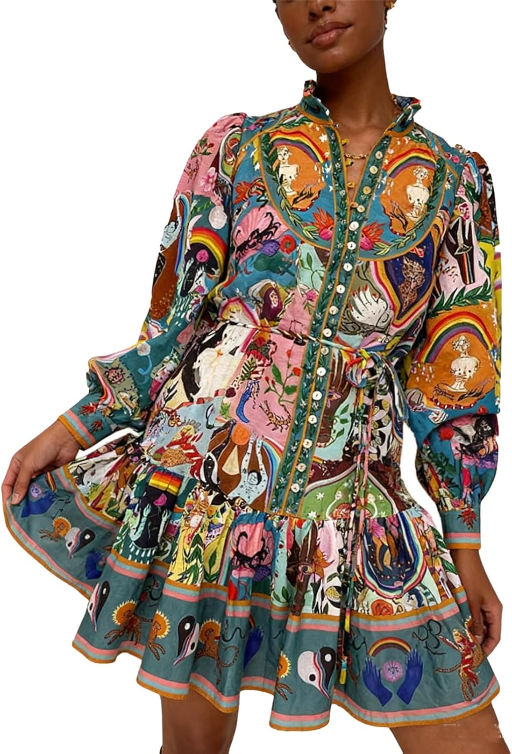 Qikaka Women's Long Puff Sleeve Lapel V Neck Button Printed Bodycon Sexy Nightclub Party Holiday Dress