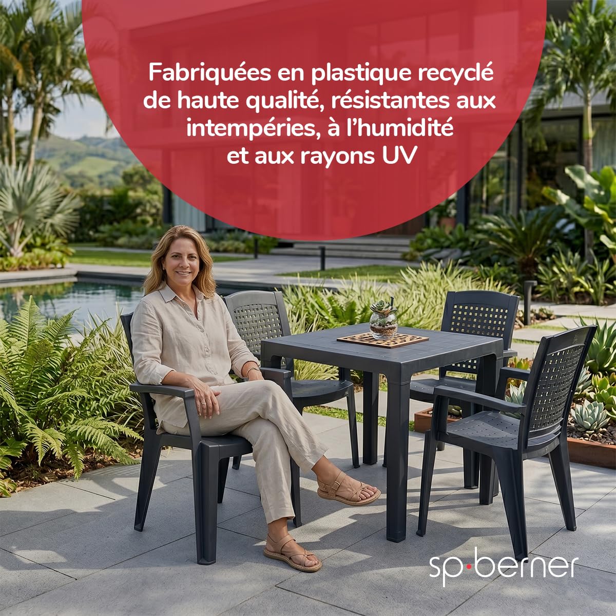 SP Berner SHAF - Lot de 4 chaises - Jardin extérieur et terrasse - Plastique recyclé résistant aux UV - Empilables - Modèle métal - Blanc