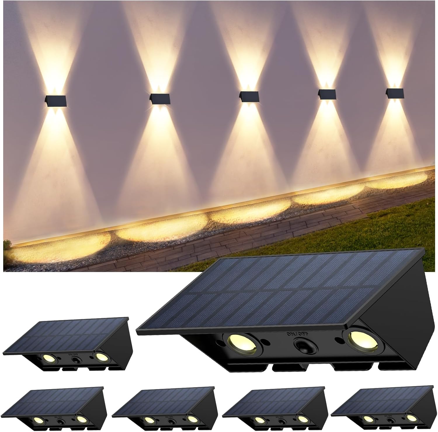 Solar Fence Lights with 4 Bulbs, 6 Pack WarmWhite Fence Lights Solar Powered, IP54 Waterproof Solar Wall Lights for Up&Down, Dusk to Dawn 12 Hours Auto Illuminate for Deck/Wall/Step/Patio/Yard/House