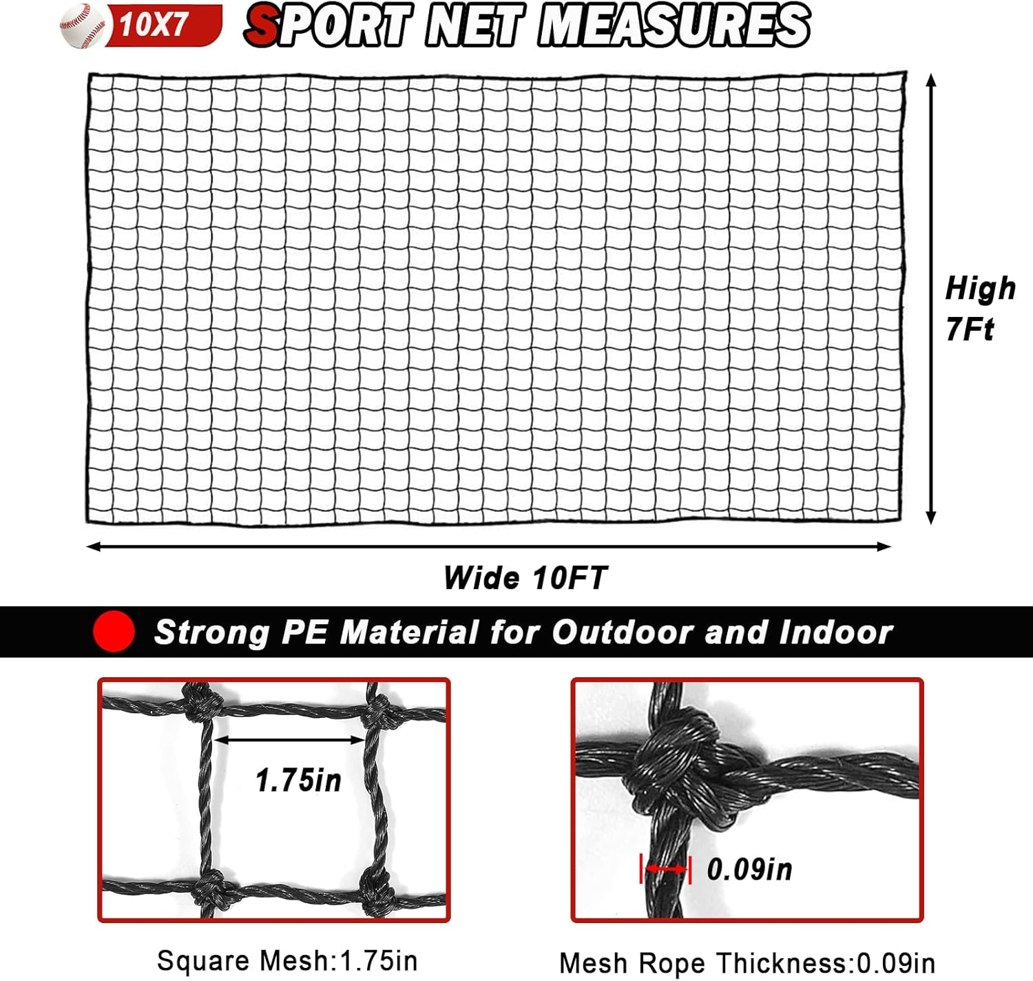 Baseball Softball Backstop Nets,Sports Net,Sports Netting Barrier,Sports Netting for Backyard,Twisted Knotted PE Net 10X7FT