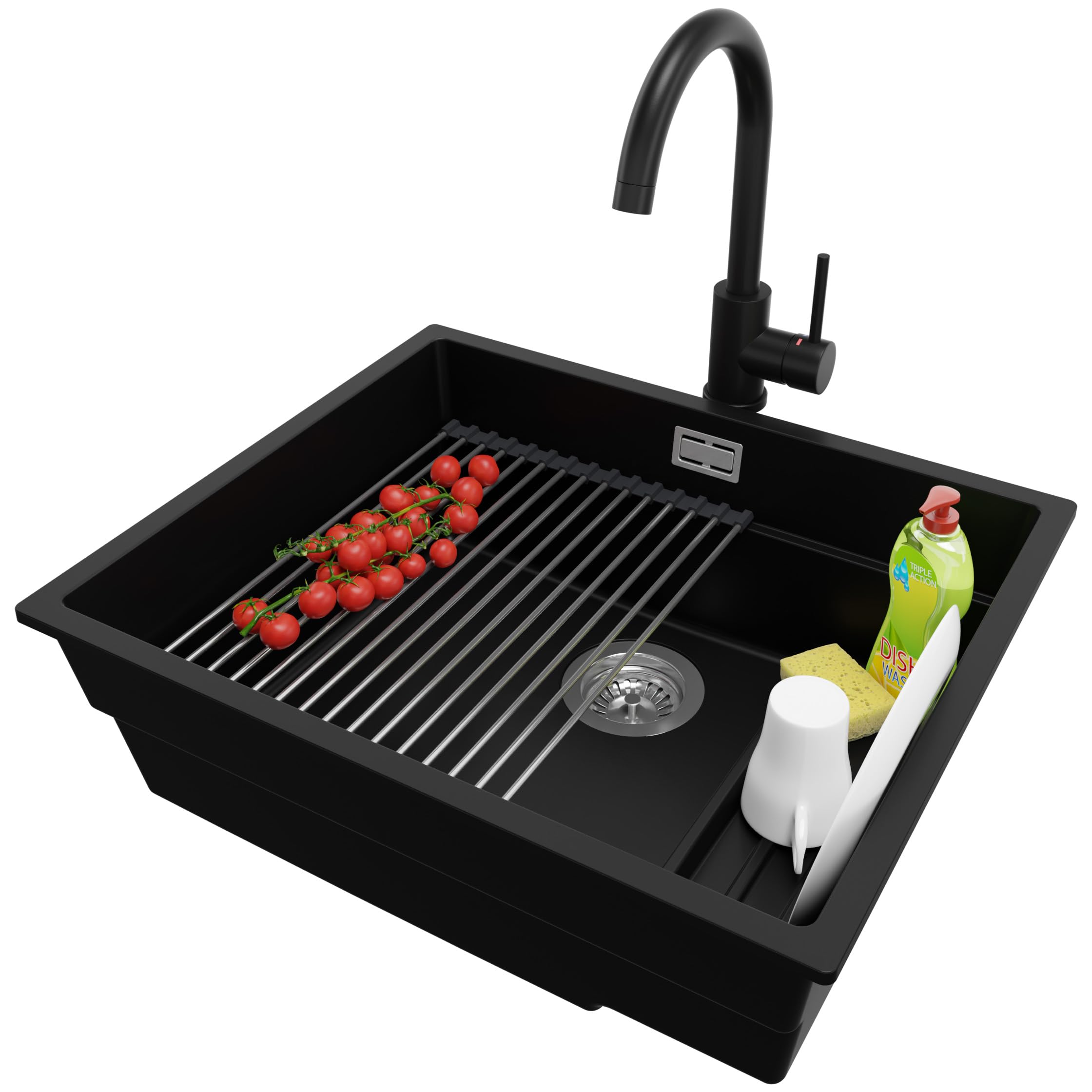 Évier en granit noir 1 bac Primagran avec égouttoir enroulable pour optimiser la cuisine