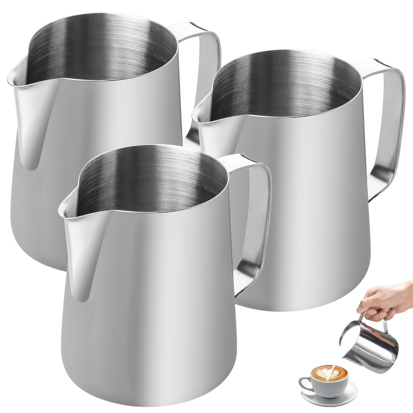 3 bricco per latte in acciaio inox, 150 ml, brocca per latte in schiuma, bricco in schiuma di latte, brocca per schiuma, brocca per latte e caffè espresso, per montalatte, cappuccino, macchiato