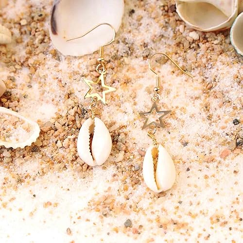YienDoo Boho Shell Drop Earrings Vintage Gold Star Shell Dangle Earrings Statement Cowrie Shell Hook Earrings Summer Beach Seashell Earrings Jewelry for Women(Drop)