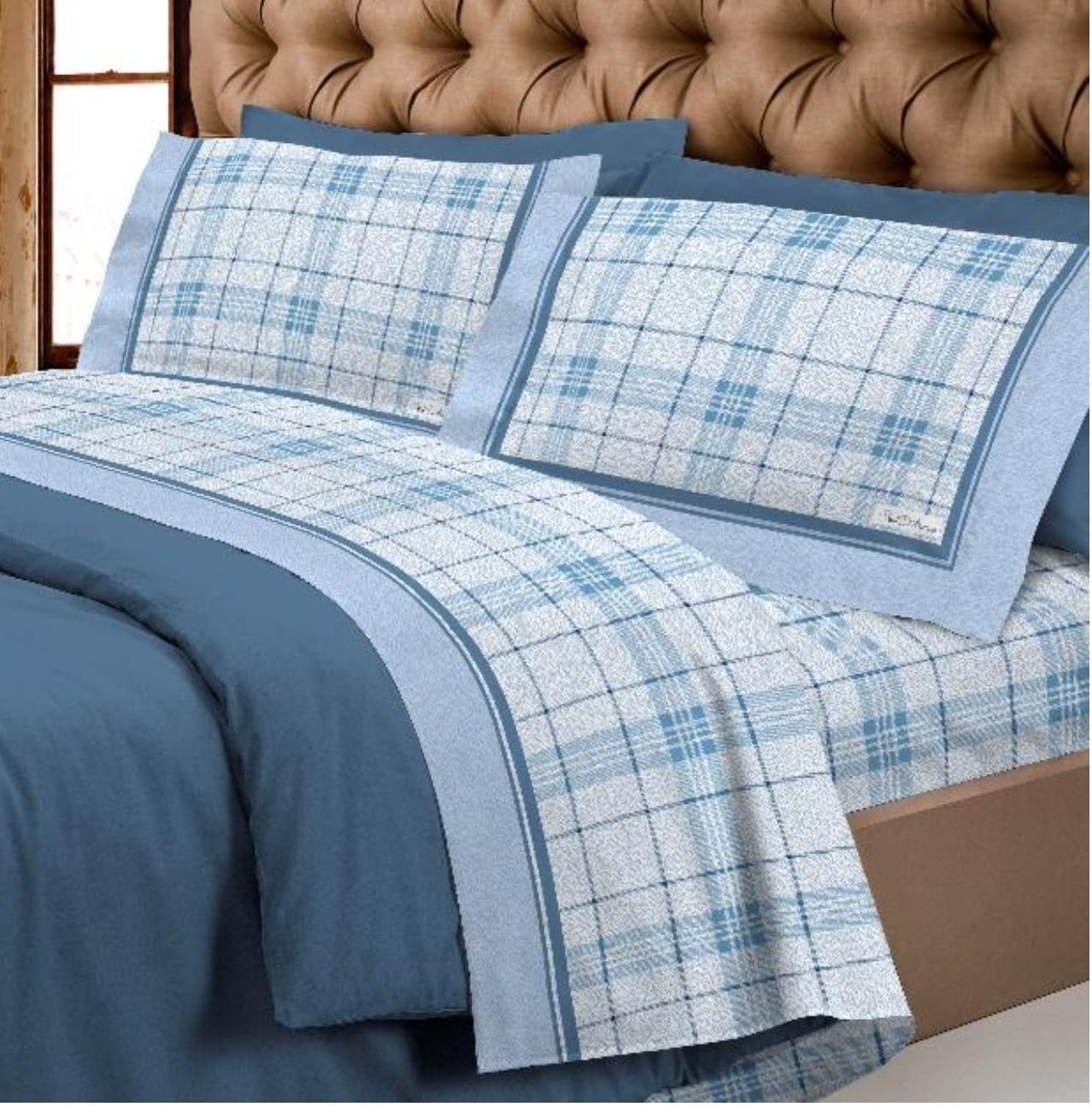 COMPLETO LENZUOLO FLANELLA TORINO QUADRI BLU SUPER EUROPA MADE IN ITALY (Singolo)