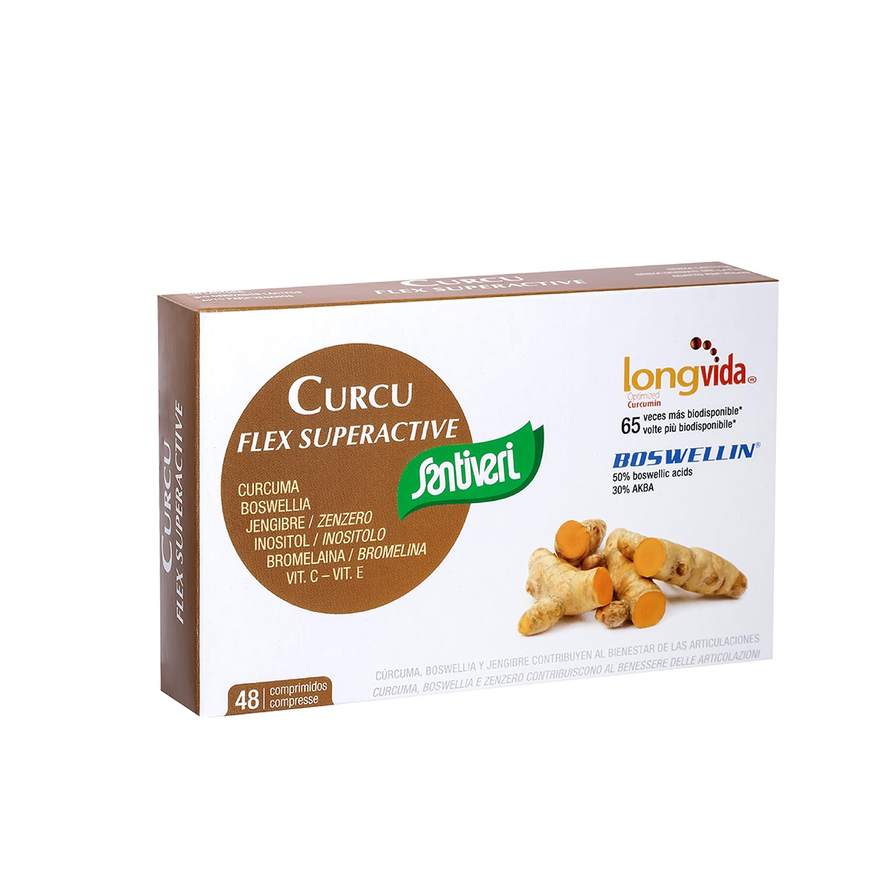 SANTIVERI - Curcu Flex Superactive, Complemento Alimenticio con Cúrcuma Optimizada, Jengibre, Boswellia, Bromelaína y Vitaminas, Ayuda al Bienestar de los Huesos y Articulaciones - 48 Comprimidos