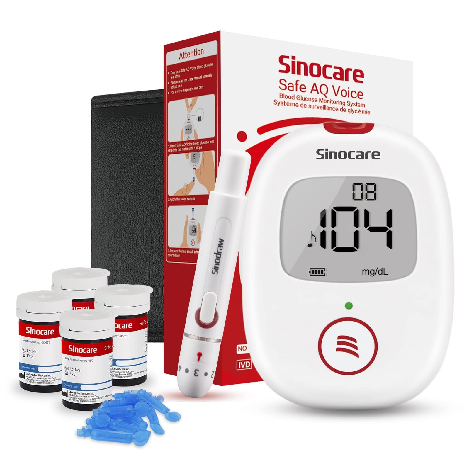 Sinocare Glucómetro, 100 x Tiras Medidor Glucosa en Sangre, Medidor Sangre Glucosa en Sangre - mg/dL (Safe AQ Voice)