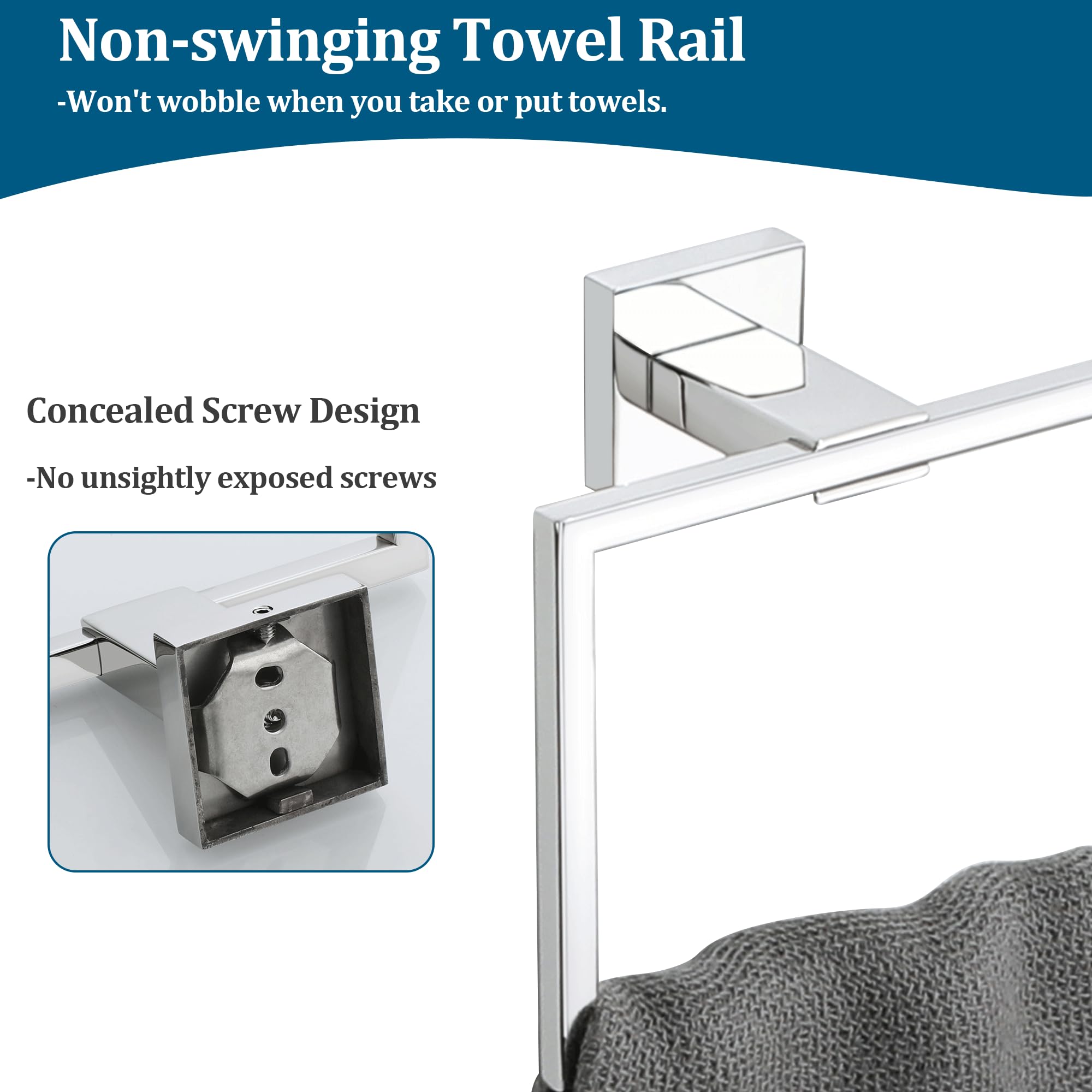 Sayayo Chrome Hand Towel Holder Towel Ring Square Towel Rail Wall Mounted for Bathroom Kitchen SUS304 Stainless Steel Waterproof & Rustproof - Image 2
