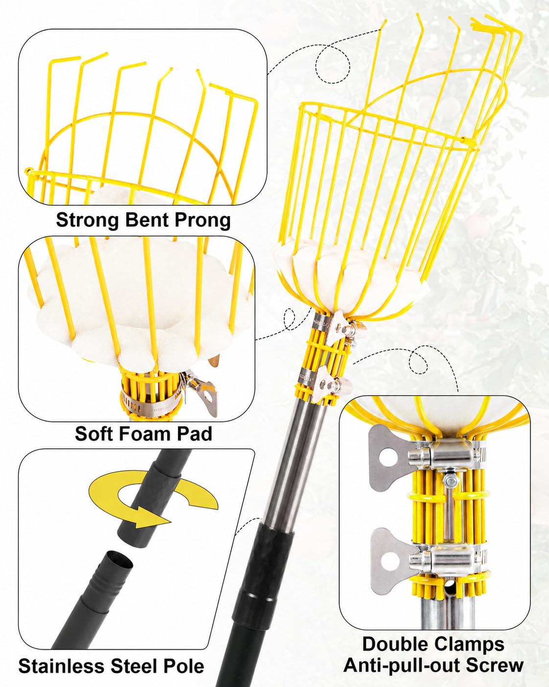 Recolector de frutas de 13.5 pies, herramienta recolectora de manzanas con poste y cesta ajustables, herramienta de agarre de mango de largo alcance, recogedor de frutas de árbol para