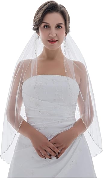 SAMKY 1T Rhinestone Pearl Sequin Beaded Wedding Veil
