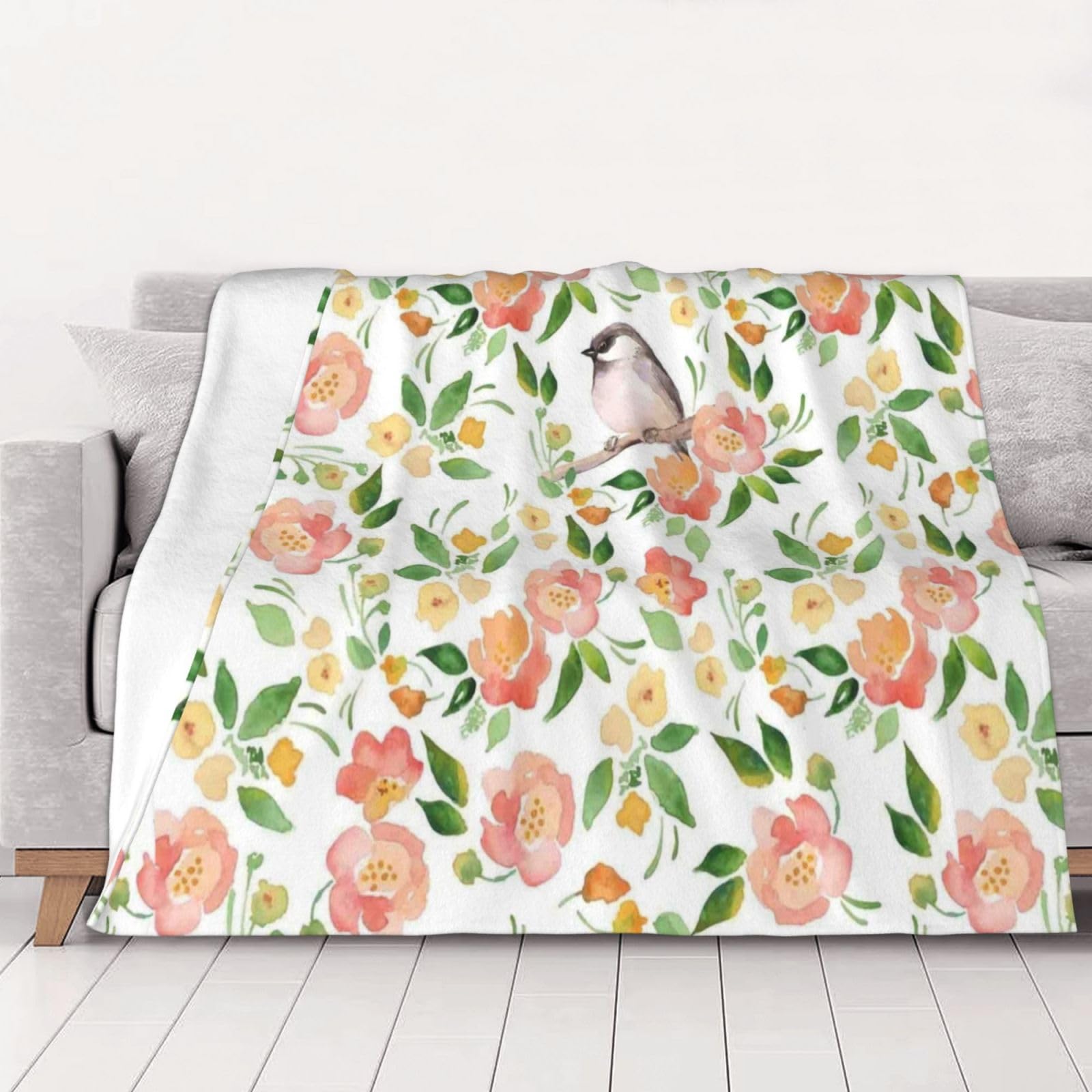 Couverture chaude en flanelle anti-froid fleurs et oiseaux