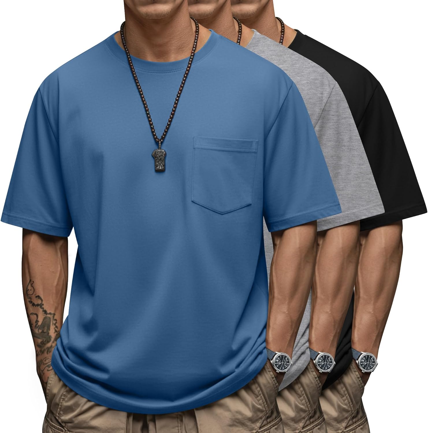 Ficerd 3 Pack Men's Big and Tall T-Shirt, Short Sleeve Pocket Basic Tee Crew Neck Lightweight Tops Solid Loose Fit Shirts