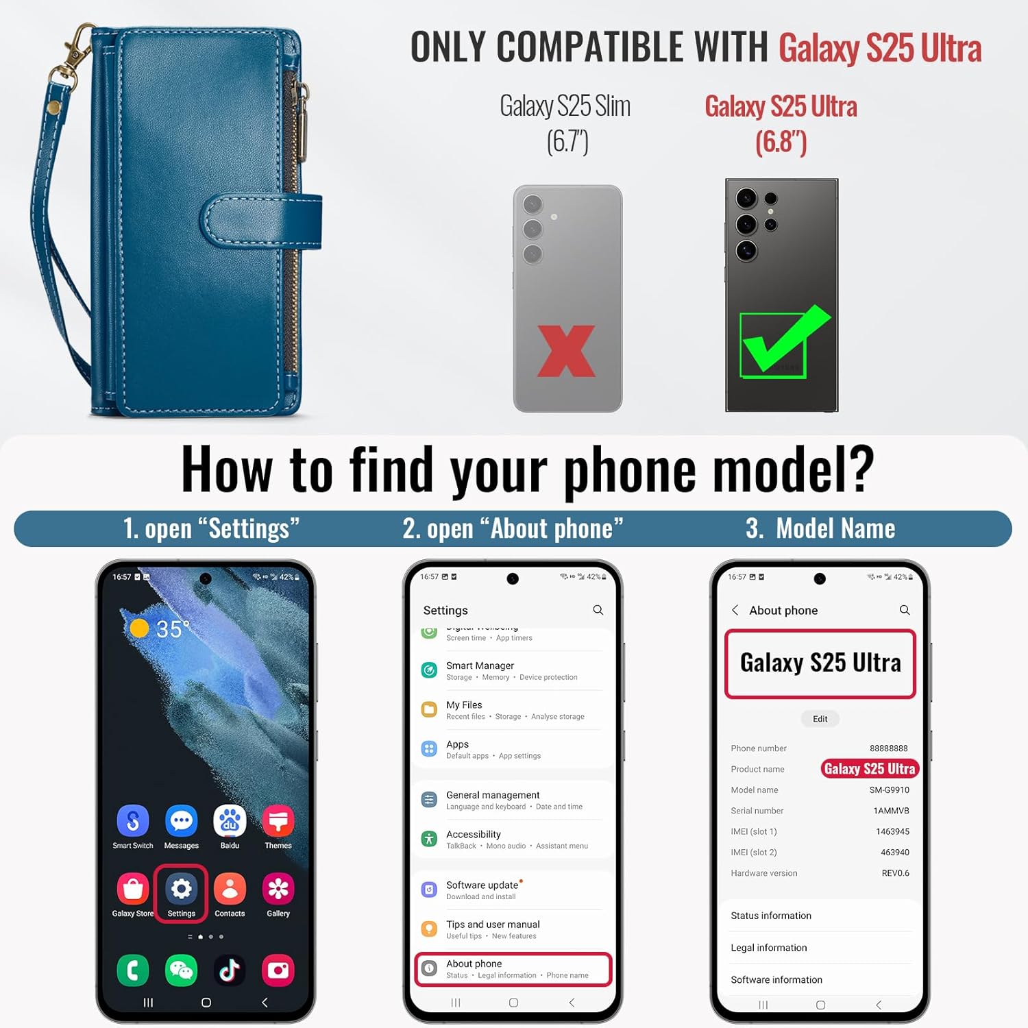 for Samsung Galaxy S25 Ultra 5G Wallet Case with Card Holder,Women Men RFID Blocking PU Leather Flip Cover Zipper Wrist Strap Kickstand Phone Case for Galaxy S 25 Ultra,Blue