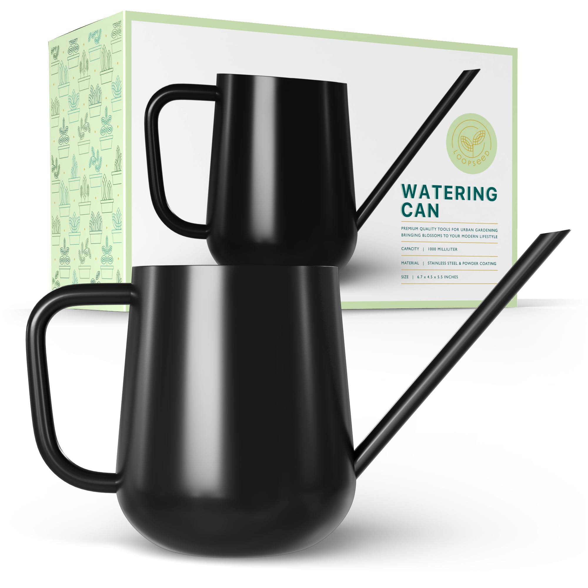 LOOPSEED Metal Watering Can for Indoor Houseplants Outdoor Garden Long Sprout Water Can for Succulents Herb Bonsai Modern Garden Tool 33.8oz/1000ml (Dashing Black)