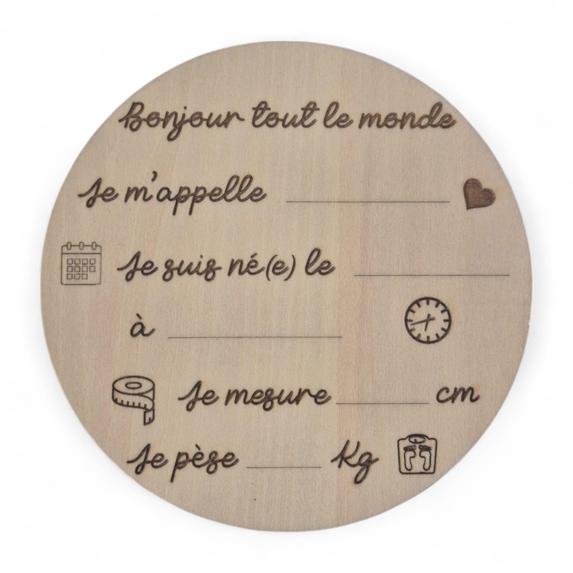 Plaque de Naissance Ronde en Bois, 12 cm, Inscription 'Bonjour tout le monde', Style Français