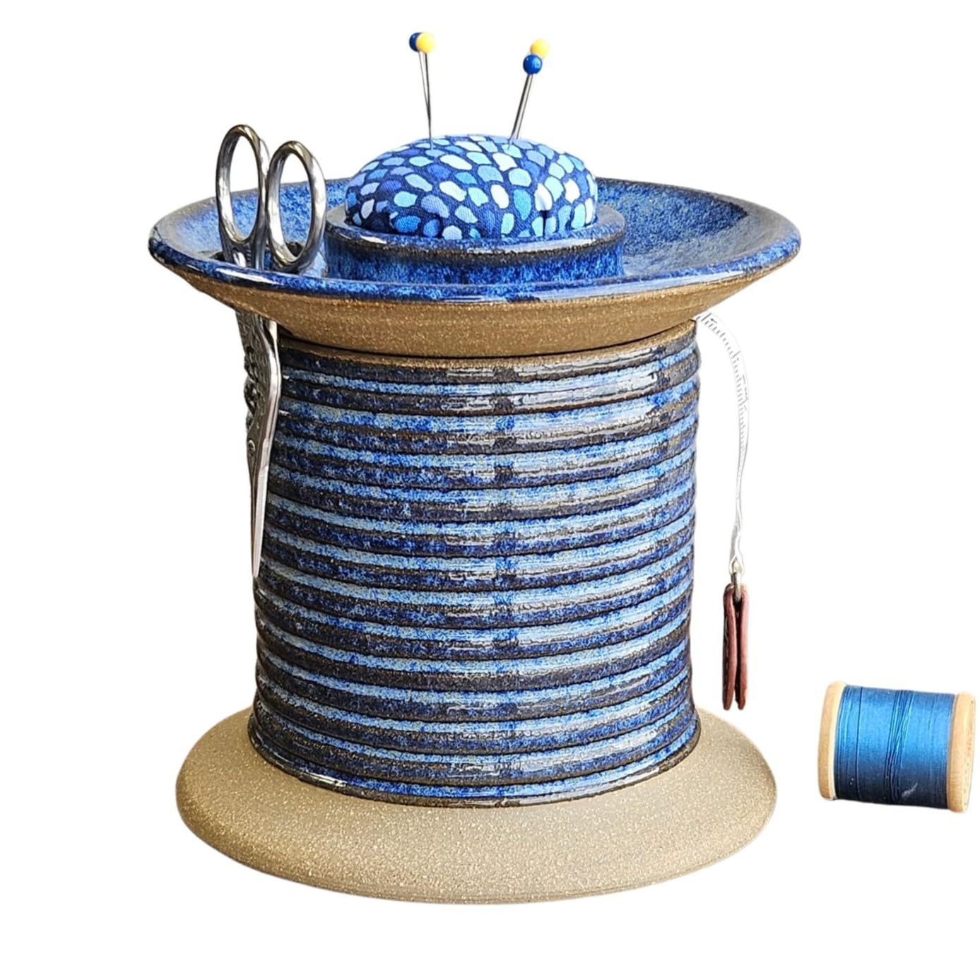 Sewing Supplies Organizer and Storage Jar with Pin Cushion Scissor Holder Spool