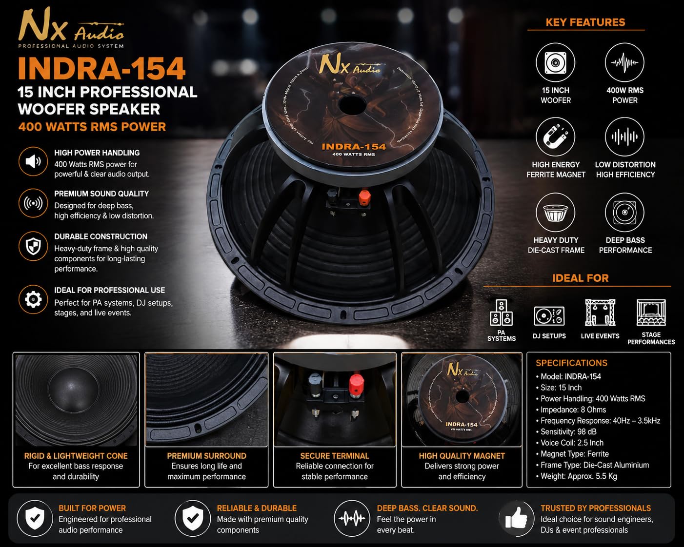 Nx Audio Indra-154 V2 15-Inch Professional Bass Speaker Driver