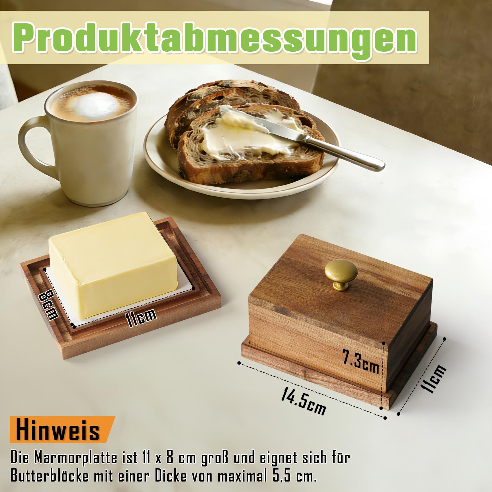 Butterdose aus Akazienholz mit Marmorplatte – Für 250g streichzarte Butter | Holz Butterschale zur idealen Aufbewahrung | Butterglocke