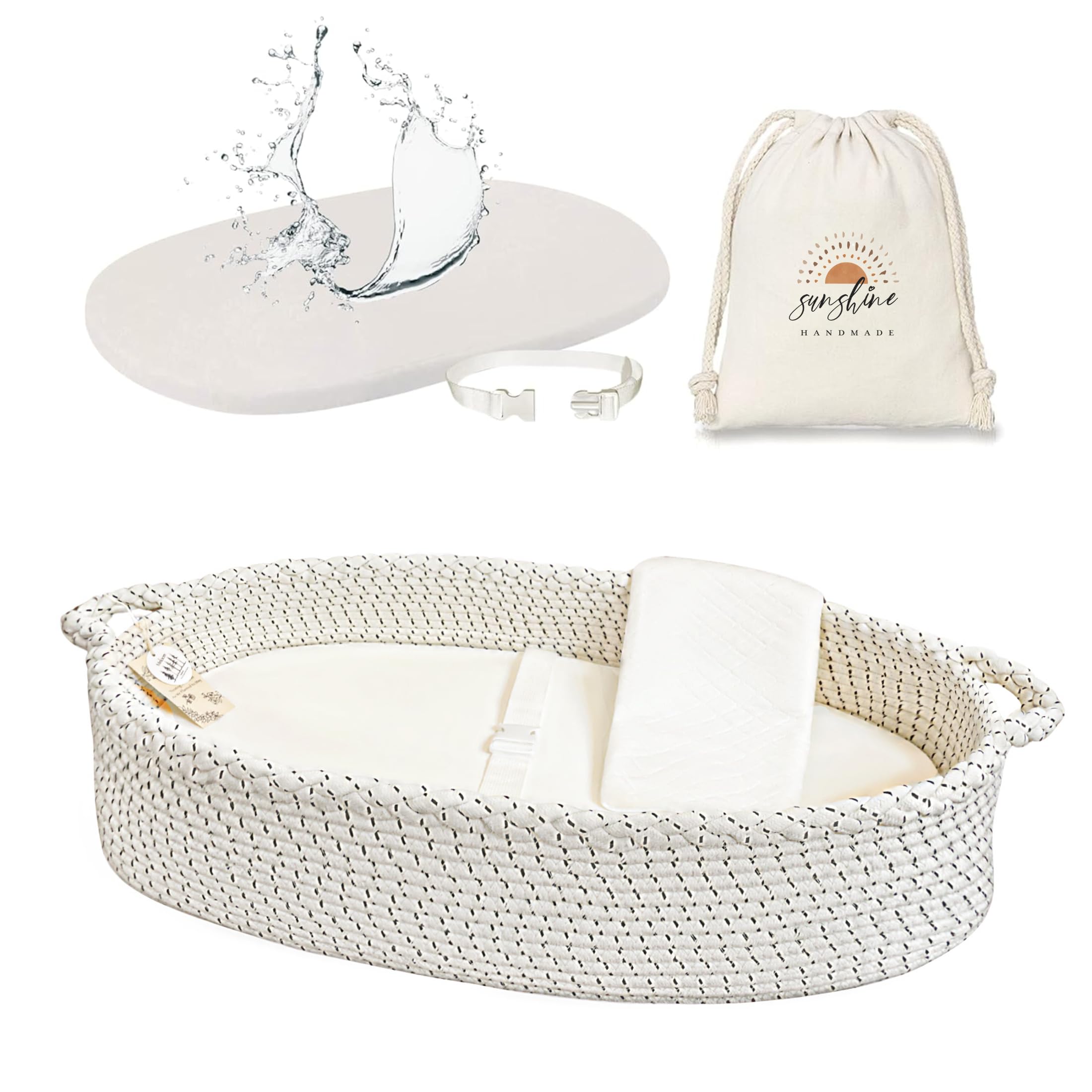 meloom Baby Changing Basket with Pads and Safety Belt- 100% Cotton Boho  Baby Moses Basket Changing Table and Thick Pad with Waterproof Mattress  Cover