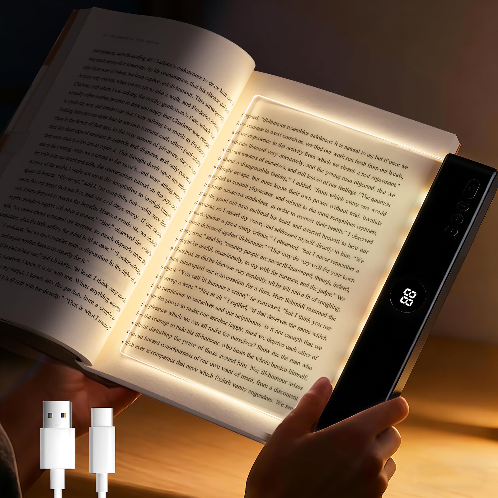 Smart Flat Book Light, Rechargeable LED Eye Protection Clear Full Page Light, LED Reading Book Night Light with 3 Colors & Timer, Reading Lights for Books in Bed, Page Lights for Bed & Car (Black)