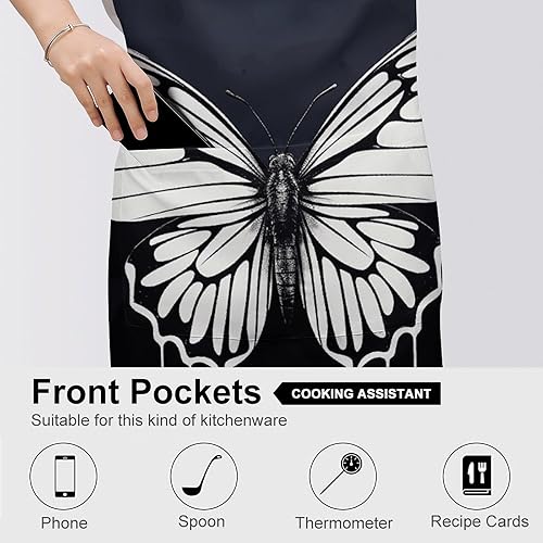 Miniatura 5 de MUSM A Black And White Butterfly ApronClassic Vintage Funny with Pockets Aprons,Adjustable Bib Waterdrop Resistant for Kitchen Cooking Restaurant
