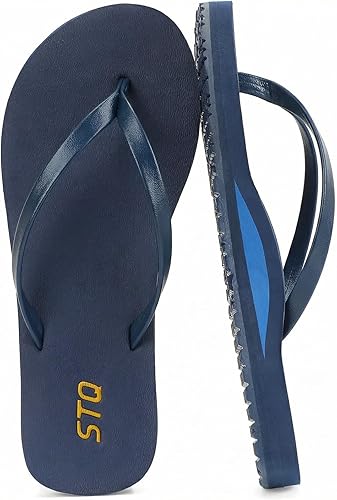 STQ Orthopedic Flip Flops for Women | Arch Support Plantar Fasciitis Relief Slim Summer Beach Thong Sandals Leather Orthotic Flip-Flop Yoga Mat Sole Lightweight Comfortable Walking Non Slip