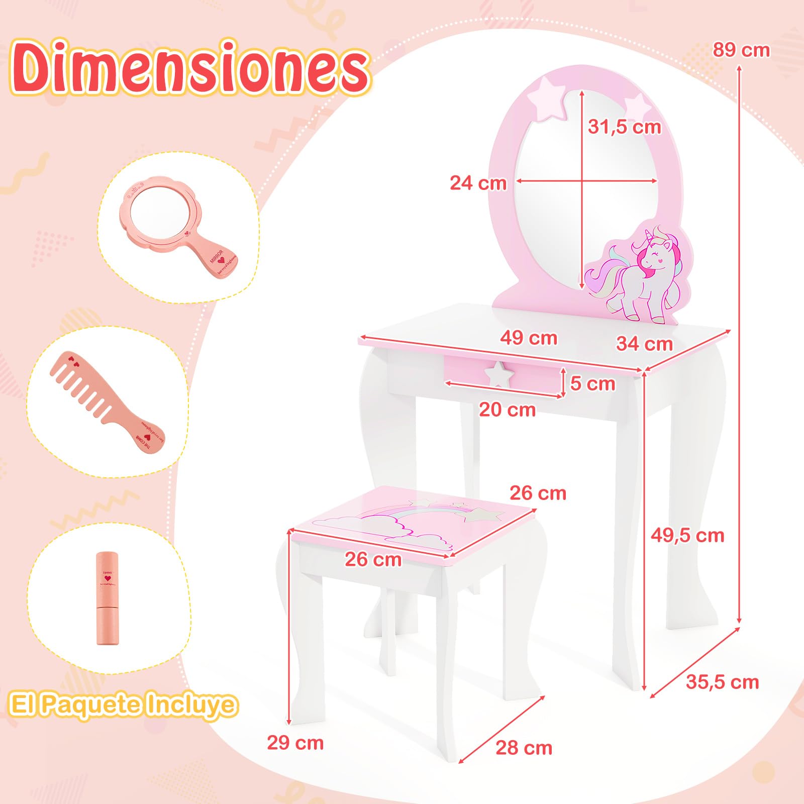 COSTWAY Mesa de Maquillaje con Taburete y Espejo para Niña, Tocador Princesa de Madera con Cajón, para Niñas de 3-7 Años (Blanco)