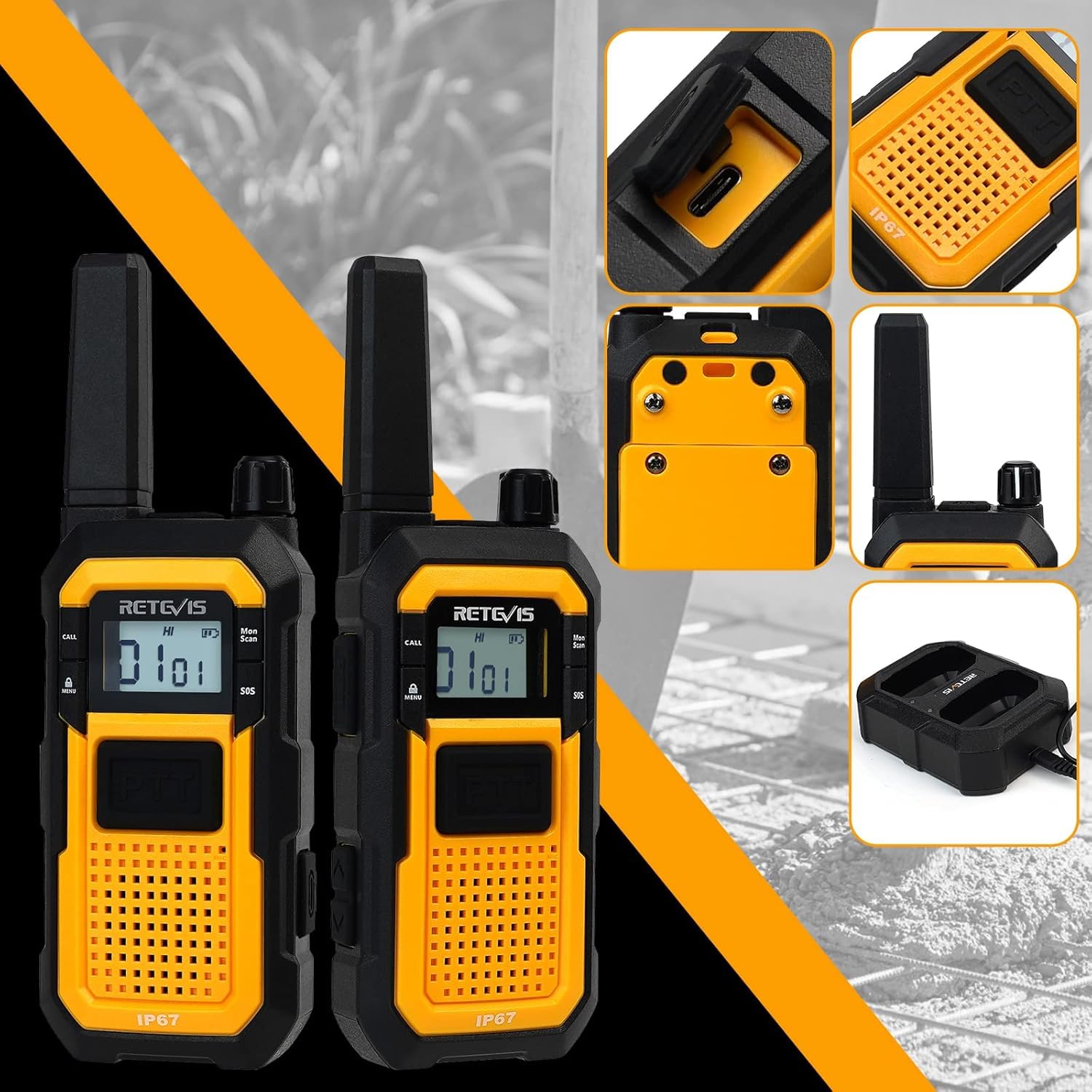 Retevis RB648 Walkie Talkie Con Microfono, Radio Bidirezionale | Impermeabile IP67, Doppio PTT, 2000mAh, Walkie Talkie di Emergenza per Adulti per Cantieri (2 Pezzi)