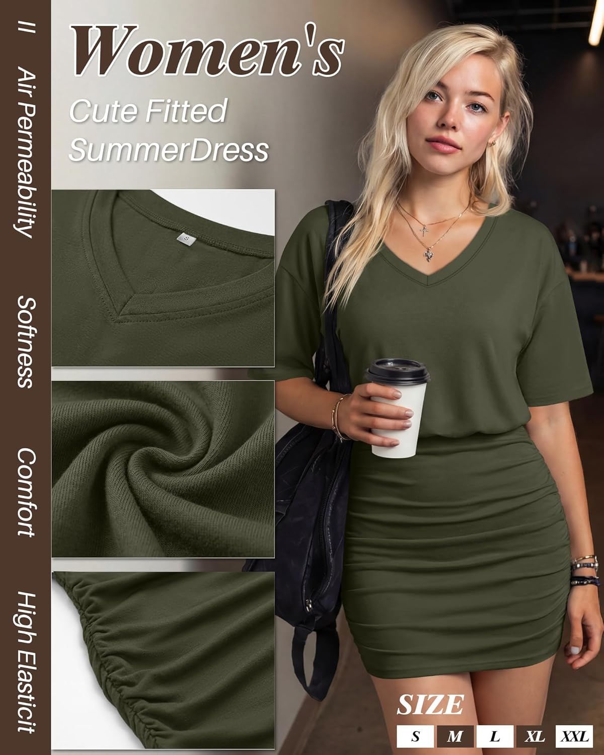 Women's Short Sleeve Ruched Bodycon Dress Casual V Neck Summer Cute Fitted Mini Dress(Cream,Small) - Image 4