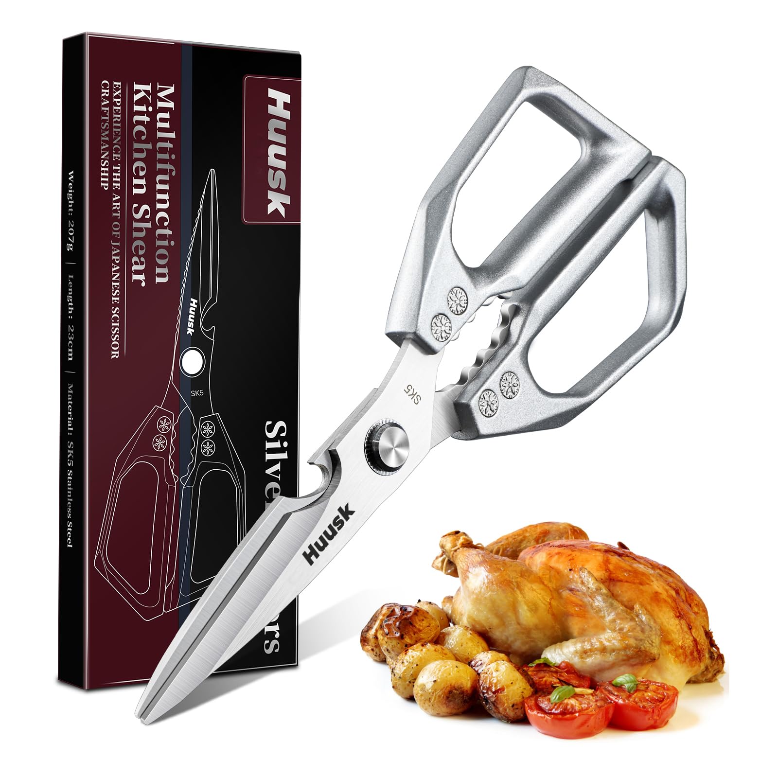 HUUSK Kitchen Shears Multifunctional - Stainless Steel Meat Shears, Dishwasher Safe, Easy to Cut Poultry and Meat, Japanese Cooking Scissors