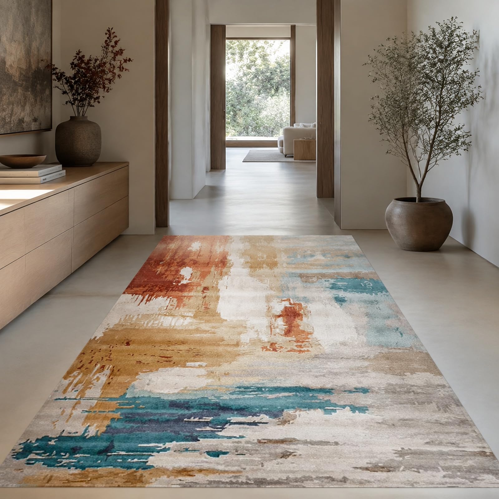 Tappeti di zona, 110 x 180 cm, Astratto Moderno Blu Beige Bianco Marrone, Tappeto Moderno Pelo Corto Cucina Antiscivolo Lavabile Corridoio Entrata Bagno,