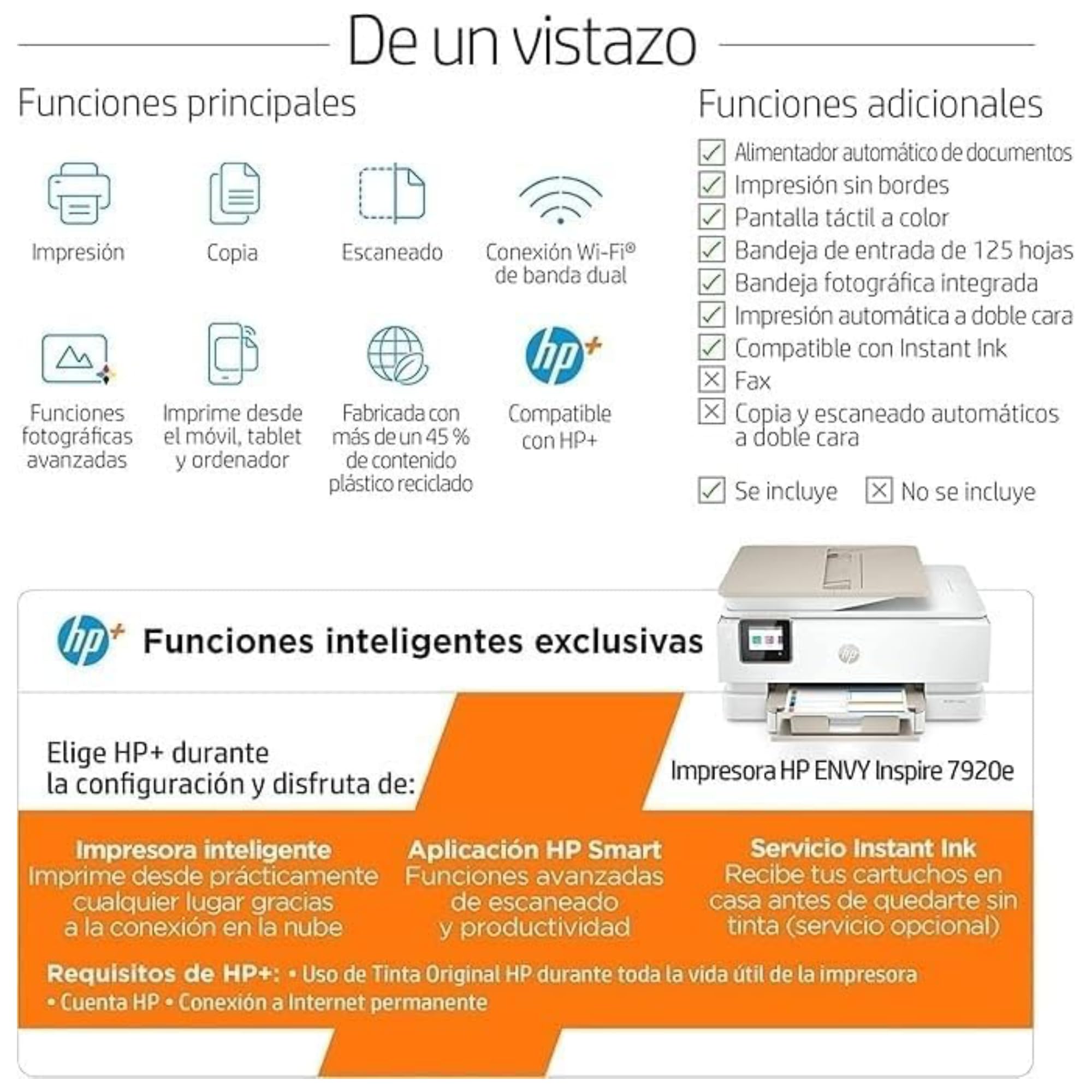 HP Envy Inspire 7920e 242Q0B, Impresora multifunción de inyección de Tinta A4 a Color, Conexión Wi-Fi, impresión a Doble Cara automática, 22 ppm, 6 Meses de impresión Instant Ink, Blanca