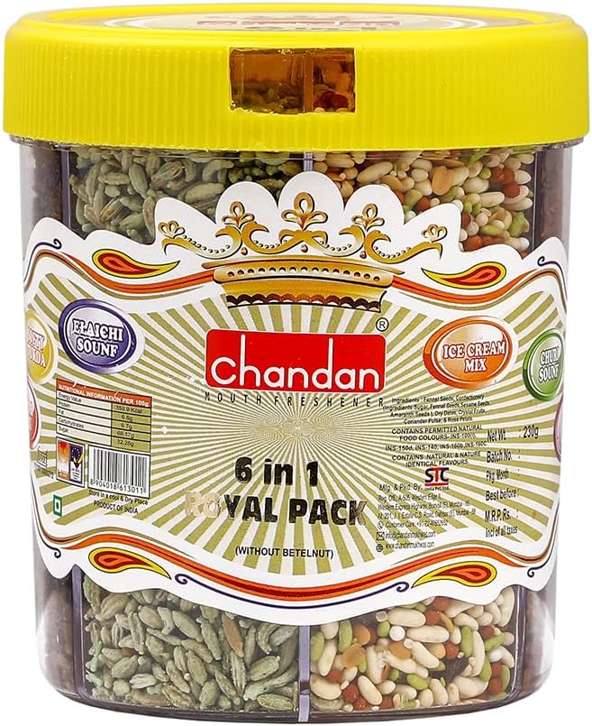 Chandan Mouth Freshener 6 in 1 Royal Pack Mukhwas | Elaichi Sounf, Churi Sounf, Ice Cream, Jet, Gulab Mix & Softy Tukda | 100% Natural, 8.11 oz / 230 g