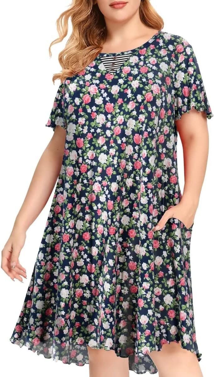 MONNURO Plus Size Nightgown for Women Ruffle Seams Sleeping Shirt Dress with Pockets Sleepwear House Dress Loungewear