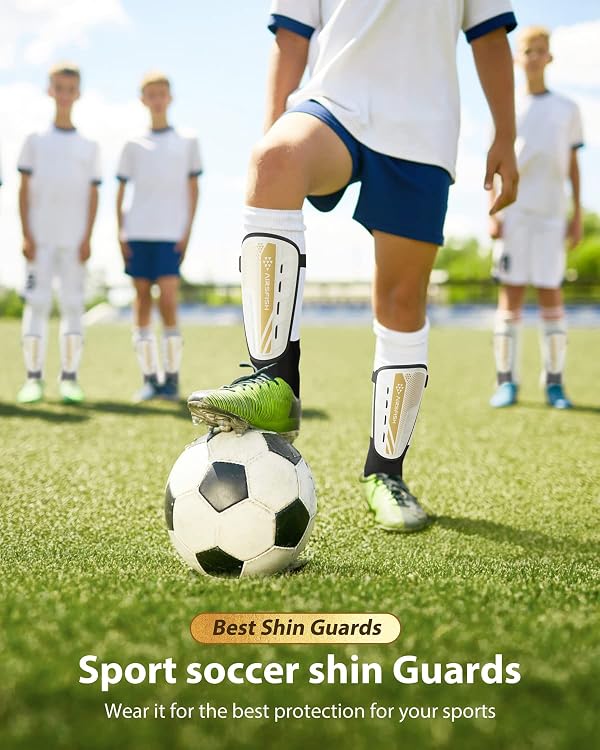 Upgraded Soccer Shin Guards for Kids Youth Adults, CE Certified AirsFish Shin Pad Sleeves Protection Gear for Boys Girls Soccer Games EVA Cushion Reduce Shocks and Injuries (Large, White+Gold) by AirsFish - Used condition - Image 4