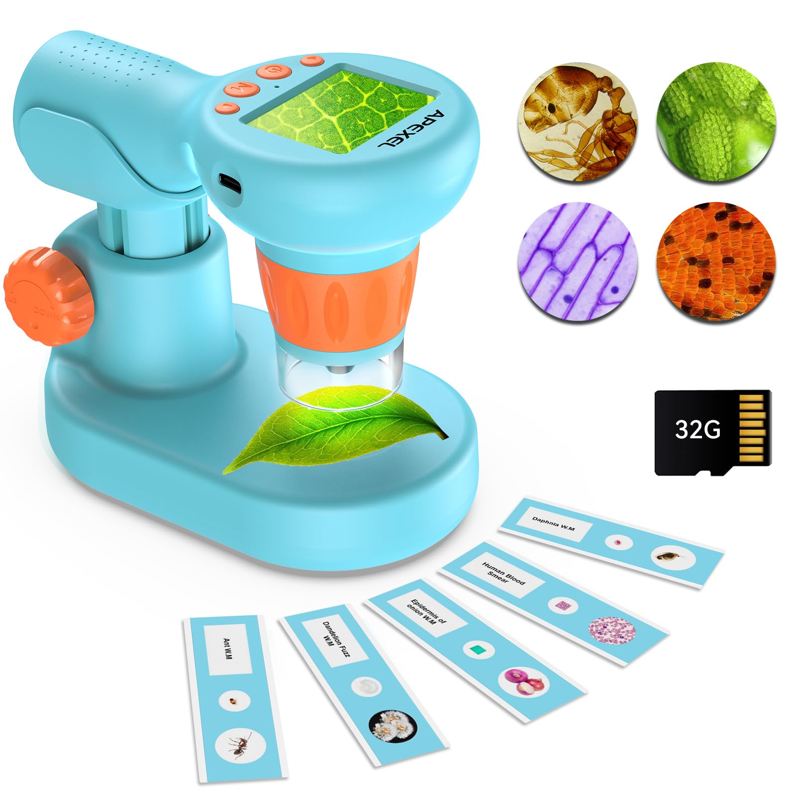 APEXEL 800X Handheld Digital Microscope with 2” IPS Screen, Photo & Video Portable Microscope with Adjustable Lights (Including SD Card & Slides)