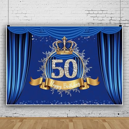 Miniatura 3 de OERJU Telón de fondo de feliz cumpleaños 50 años, cortina azul real de lujo, corona azul dorado, fondo fotográfico, celebración de cumpleaños de