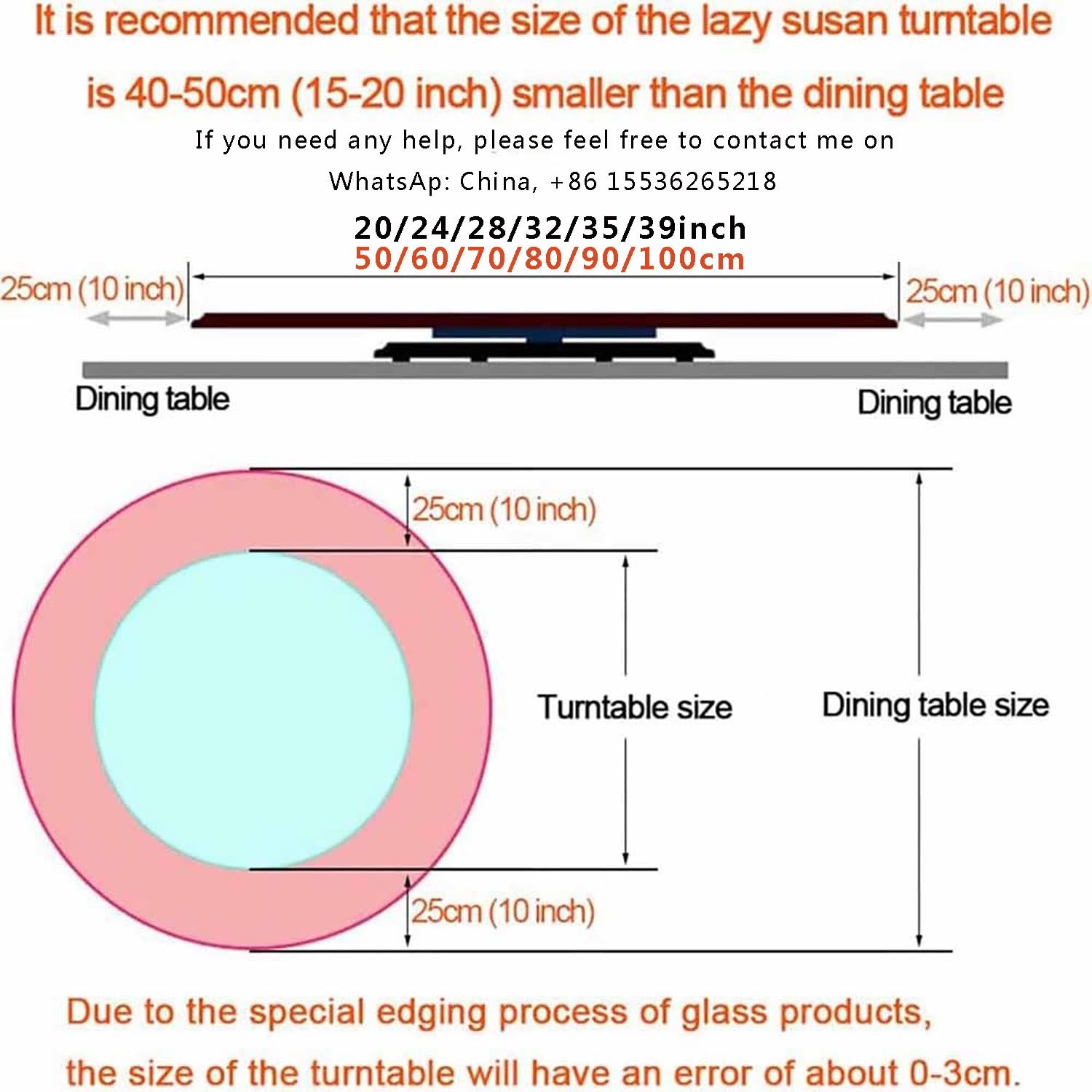 Glass Lazy Tempered Glass Turntable 31in Tabletop Rotating Tray 35in Swivel Dining Table Serving Plate Large Transparent Turntable Easy to Share Food (Size : 60cm/24) (One Color 100cm/39)