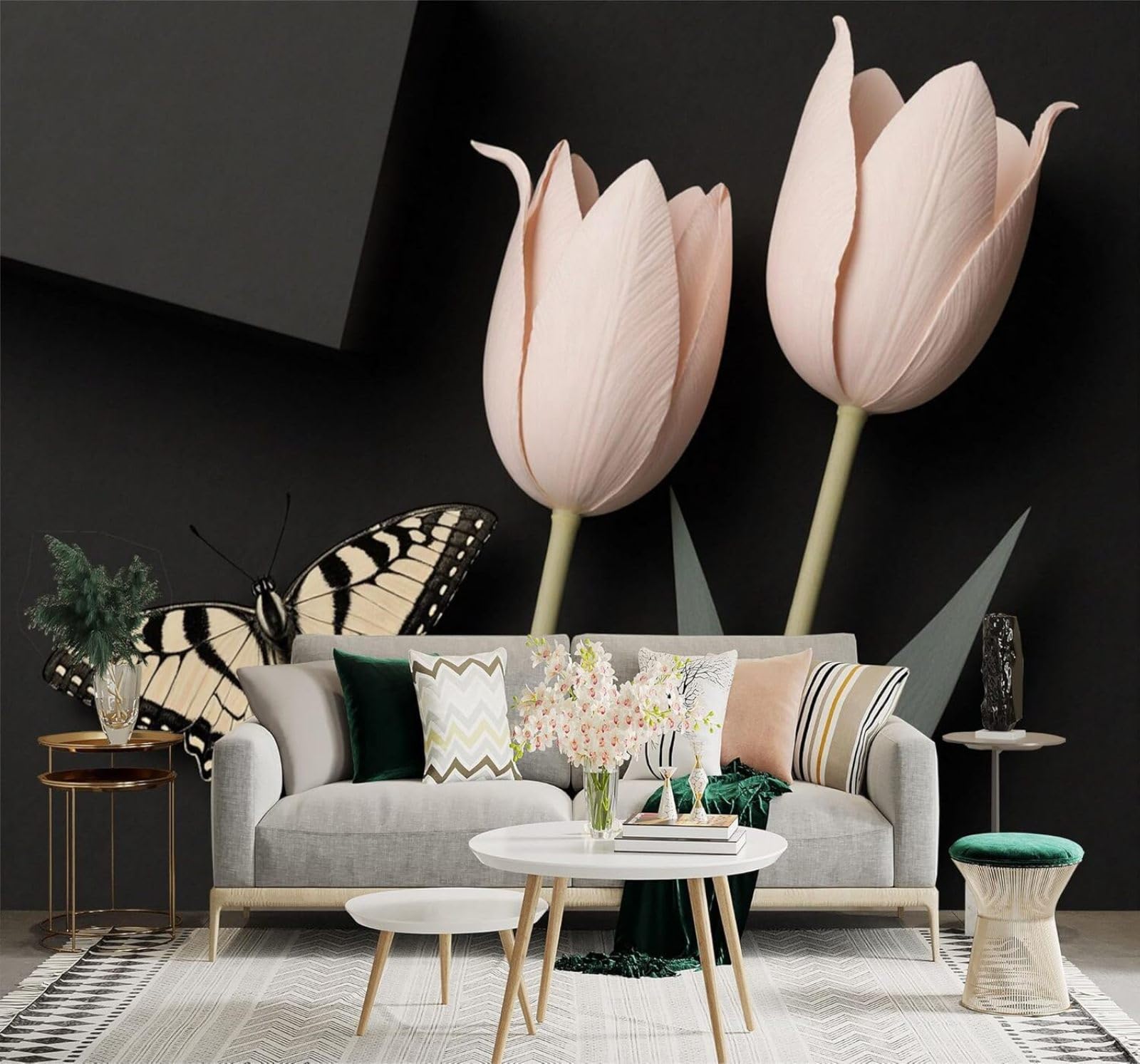 Xlming 300Cm×210Cm(B×H) Beautiful Pink Tulips Butterflies Elegant Flowers Art 3D Wallpaper Silky Texture Home Study Office Grey Dining Room Sofa Bedroom Living Room Tv Backdrop-300Cm×210Cm