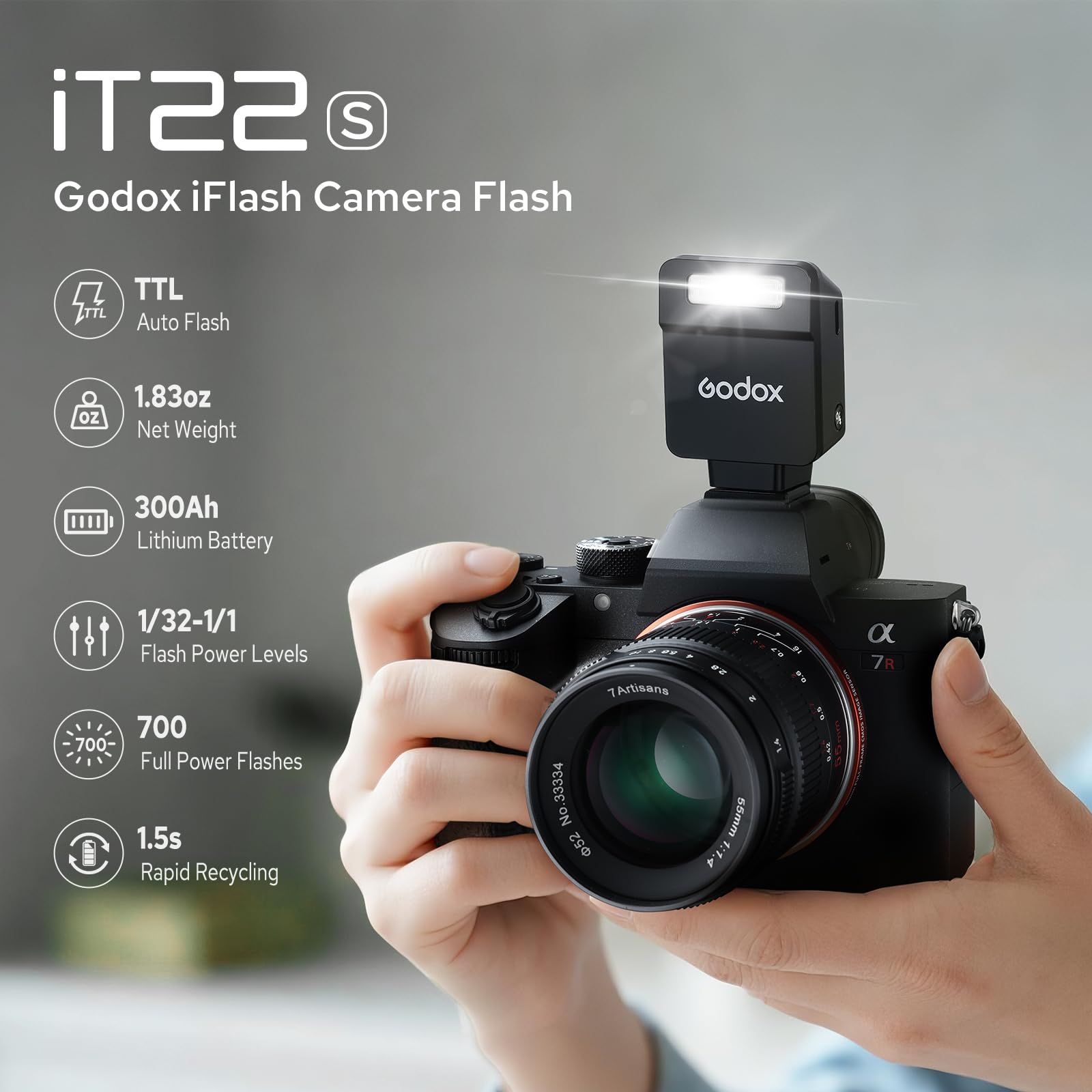 Godox IT22 S, IT22S Mini-Kamerablitz für Sony-Kamera, mit 7,4 V/300 mAh Lithium-Akku, mit magnetischem Diffusor und Filter, IT22S TTL GODOX Flashes, 1,5 Sekunden Recyclingzeit