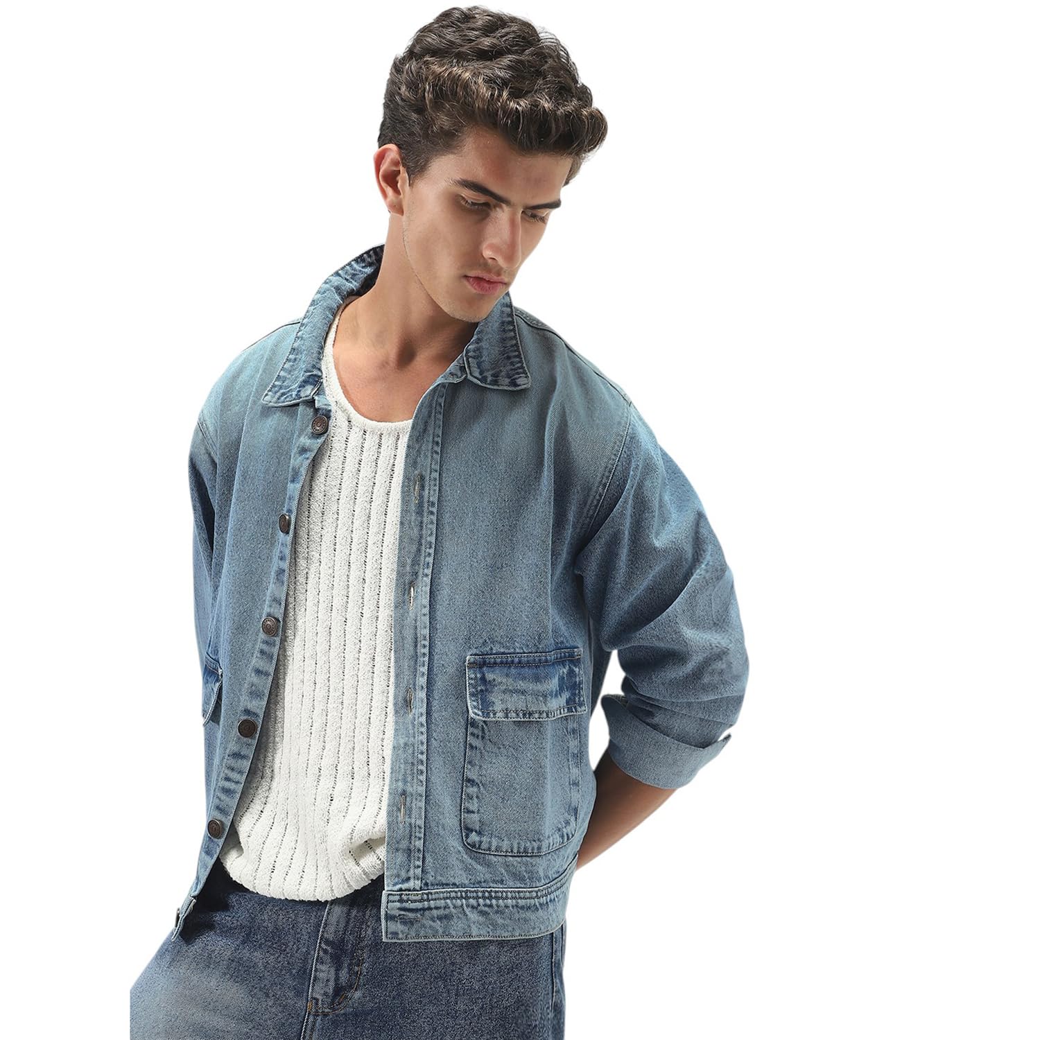 urbano fashion Men's Relaxed Fit Full Sleeve Utility Denim Jacket-picture-13