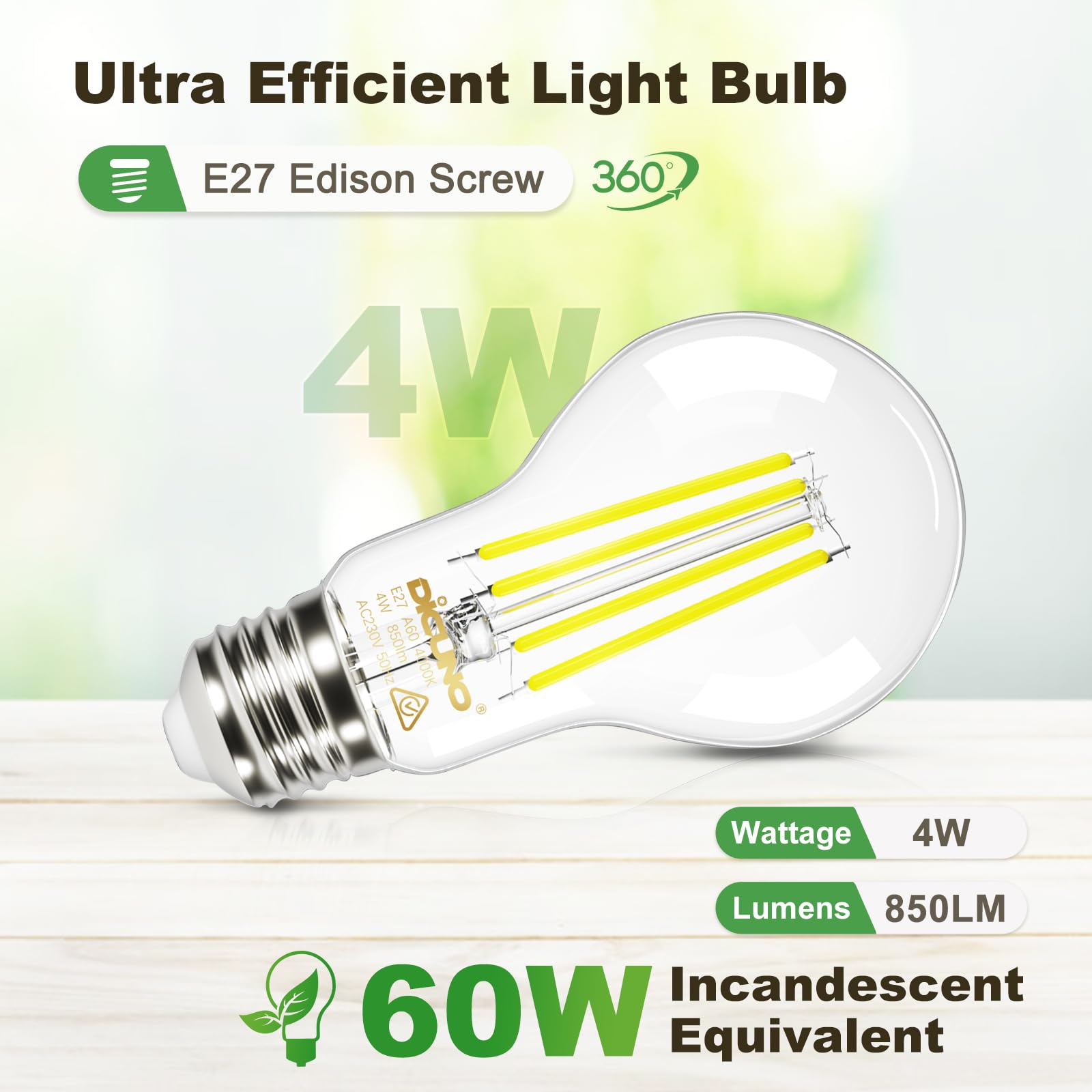 DiCUNO Lampadina LED E27 UltraEfficient Classe A, 4W:60W, 4000K, 2 Pezzi (Confezione da 4)